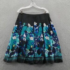 Alfani Womens Pleated Pure Silk Skirt 10 Black Blue‎ Floral Print A-Line Lined